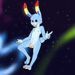 anthro balls buckteeth flaccid foreskin front_view genitals gesture hand_gesture humanoid_genitalia humanoid_penis levitating looking_at_viewer male nipples nude open_mouth partially_retracted_foreskin penis pointing smile solo space spacescape teeth young young_anthro furfit lagomorph leporid mammal rabbit 1:1 alternate_version_at_source