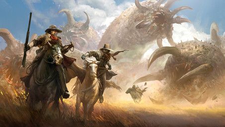 clothed clothing cloud cowboy cowboy_hat detailed_background feral field front_view group gun hat headgear headwear male outside ranged_weapon riding sky straddling weapon western wild_west kekai_kotaki annelid equid equine horse human mammal worm detailed