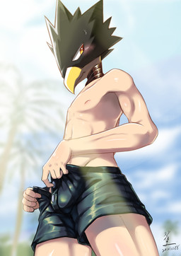 beak biped blurred_background blush blush_lines bodily_fluids bottomwear clothed clothed_humanoid clothed_male clothing cloud day detailed_background embarrassed for_a_head humanoid_hands light light_beam looking_aside low-angle_view male male_humanoid narrowed_eyes nipples open_bottomwear open_clothing open_shorts outside palm_tree plant shorts shorts_only sky solo standing sunbeam sunlight sweat sweatdrop three-quarter_view topless topless_humanoid topless_male tree bananana8729 my_hero_academia fumikage_tokoyami animal_head animal_humanoid avian avian_humanoid humanoid 2021 dated digital_media_(artwork) hi_res signature