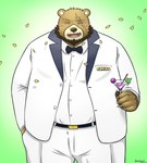 anthro beard belly big_belly bottomwear bow_(feature) bow_in_front bow_tie brown_body brown_nose clothing eyes_closed facial_hair green_background kemono male overweight overweight_male pants scar shirt simple_background solo suit topwear mtflying30371 bear mammal 2017 hi_res