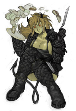 big_breasts breasts cleavage clothed clothing female gyoza horn not_furry simple_background solo spade_tail tail white_background batooo_j dorohedoro nikaido_(dorohedoro) demon demon_humanoid humanoid