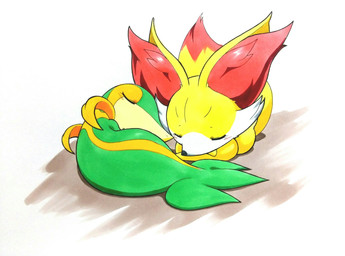ambiguous_gender anthro cheek_tuft duo eyelashes eyes_closed facial_tuft feral fur fur_markings green_body inner_ear_fluff leaf lying markings neck_collar on_side pointy_nose simple_background sleeping sleeping_together snout tail tuft yellow_body yellow_eyelids yellow_fur 025aki nintendo pokemon fennekin generation_5_pokemon generation_6_pokemon pokemon_(species) snivy hi_res