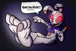 anthro barefoot blood bodily_fluids bow_tie buckteeth feet female foot_fetish foot_focus humanoid_feet knife looking_at_viewer open_mouth paws plantigrade red_eyes simple_background smile soles solo teeth toes tongue baggy_(artist) five_nights_at_freddy's five_nights_at_freddy's:_security_breach scottgames steel_wool_studios vanny_(fnaf) lagomorph leporid mammal rabbit digital_media_(artwork) hi_res