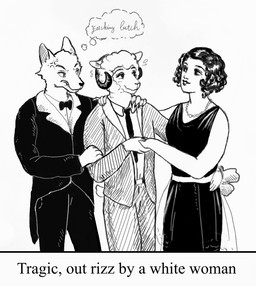 accessory angry anthro bite biting_lip blush blush_lines bodily_fluids ears_up eye_contact eyebrows female fur group horn jewelry looking_at_another male necklace necktie profanity self_bite sheep_tail smile smiling_at_another sweat sweatdrop tail teeth teeth_showing text thinking thought_bubble trio wool_(fur) reynard_goodfellow reynard_the_baa bovid canid canine canis caprine human mammal sheep wolf english_text monochrome