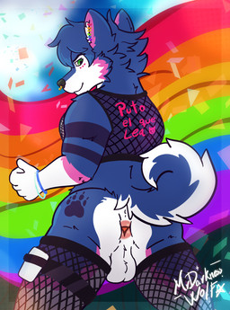 anus butt clothing crop_top fishnet_clothing lgbt_pride male piercing presenting pride_color_flag pride_colors rear_view shirt solo topwear mrdarknesswolf lgbt_pride_month neillen canid canine canis domestic_dog husky mammal nordic_sled_dog spitz hi_res
