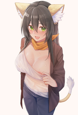 black_hair blush breasts clothing ear_tuft female green_eyes hair nipples open_mouth presenting presenting_breasts simple_background solo standing tuft white_background animal_humanoid cat_humanoid felid felid_humanoid feline feline_humanoid humanoid mammal mammal_humanoid 2019 hi_res