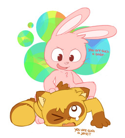 4_fingers anthro arm_grab barefoot big_eyes big_head bodily_fluids brown_body brown_fur brown_nose bully bullying dialogue dipstick_ears duo ear_markings facial_markings feet fingers front_view fur gloves_(marking) hammerlock head_markings insult long_ears lying male markings mask_(marking) multicolored_ears nude on_front one_eye_closed open_mouth open_smile pink_body pink_fur pink_nose red_eyes simple_background smile straddling tears text toony whiskers white_background wink oob lagomorph leporid mammal procyonid rabbit raccoon english_text