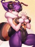 4_eyes antennae_(anatomy) arthropod_abdomen big_breasts black_eyes blush breasts camel_toe carapace clothing compound_eyes female hair insect_wings leotard multi_eye navel neck_tuft nipple_outline purple_hair simple_background solo thick_thighs tuft wings fumio936 capcom darkstalkers q-bee animal_humanoid arthropod arthropod_humanoid bee bee_humanoid humanoid hymenopteran hymenopteran_humanoid insect insect_humanoid 3:4 hi_res