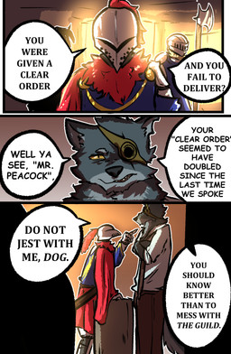 ambiguous_gender anthro clothed clothing dialogue duo fur group knight male prosthetic speech_bubble text warrior brradett canid canine canis human mammal wolf absurd_res colored comic digital_media_(artwork) english_text hi_res