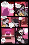 absurd_res bedroom blush canid canine canis clothing coach_dale comic detailed_background dialogue english_text felid gradient_background hat headgear headwear hi_res karmakat kissing lion mammal mirror pantherine simple_background size_difference text thekinkybear wolf