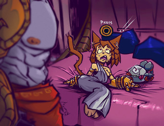1_eye anthro bed bodily_fluids breasts brown_hair button_prompt circle_button clothed clothing female flower flower_in_mouth fur furniture gameplay_mechanics greek_clothing greek_toga group hair imminent_rape imminent_sex machine male muscular muscular_male plant red_eyes rose_(flower) rose_in_mouth scared smile sweat tail tan_body tan_fur text toga trio white_body mrguardianeye circle_prompt_(god_of_war) gameoverse glitch_productions god_of_war playstation sony_corporation sony_interactive_entertainment kaboodle_(gameoverse) kit_bodega kratos domestic_cat felid feline felis human mammal robot 2026 crossover english_text hi_res