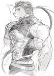 aged_up anthro clothing hair male muscular muscular_male ponytail simple_background solo sweater tattoo topwear turtleneck vein veiny_muscles wasp_(artist) anothereidos_of_dragon_vein_r kafka_(anothereidos_r) felid lion mammal pantherine hi_res monochrome