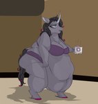 anthro belly big_belly big_breasts blue_eyes bra breasts clothing coffee_mug container cup female fetlocks fur grey_body grey_fur hair hanging_belly hanging_breasts holding_object hooves horn huge_belly huge_breasts hyper hyper_belly leg_tuft long_hair morbidly_obese morbidly_obese_anthro morbidly_obese_female navel obese obese_anthro obese_female overweight overweight_anthro overweight_female panties pink_hooves purple_bra purple_clothing purple_panties purple_underwear solo tired tuft underwear unicorn_horn astr0zone mythology them's_fightin'_herds oleander_(tfh) equid equine mammal mythological_creature mythological_equine unicorn 2022 digital_media_(artwork) hi_res