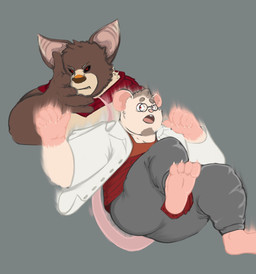 4_toes anthro biped bottomwear butt clothing duo eyewear feet glasses humanoid_hands male open_mouth pants simple_background slightly_chubby toes vintagesyringe eminem_throw xxl_woofia code_b code_k bat mammal mouse murid murine rodent 2025 hi_res
