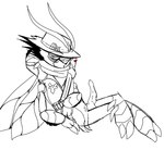 3_fingers antennae_(anatomy) anthro bedroom_eyes blush claws clothing crossed_legs fingers genitals hands_behind_head hat headgear headwear heart_symbol knot male mandibles multi_arm multi_limb narrowed_eyes penis scarf seductive solo spiked_penis spikes spikes_(anatomy) wings brawlhalla reno_(brawlhalla) arthropod grasshopper humanoid insect locust orthopterid