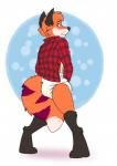 anthro black_nose blush bodily_fluids clothed clothing diaper embarrassed eyebrows fur genital_fluids hair looking_back omorashi shirt simple_background solo standing topwear unclean_diaper urine used_diaper watersports wearing_diaper wet_diaper wetting white_body white_fur dracky canid canine fox mammal red_fox true_fox 2018 signature