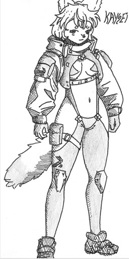 5_fingers anthro armor bag boots breasts clothed clothing crop_top cropped_jacket eyelashes facial_markings female fingers fluffy fluffy_tail footwear futuristic gloves hair handwear head_markings jacket knee_pads legwear markings navel open_clothing open_topwear open_vest oversized_clothing oversized_jacket oversized_topwear partially_clothed pasties shirt shoes short_hair shy_smile simple_background skimpy small_breasts snout snout_markings solo standing straps streetwear sweater tail techwear thigh_highs thigh_strap topwear turtleneck unconvincing_armor vest wavy_hair kaysei canid canine fox mammal full-length_portrait portrait