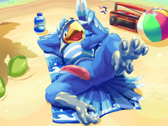 4_toes animal_genitalia anisodactyl anthro ball beach beach_ball blue_body blue_feathers bodily_fluids boombox bottomless cloaca clothed clothing erection feather_hands feathers feet genital_fluids genitals inflatable looking_at_viewer lying male on_back pattern_clothing pattern_topwear penis precum presenting presenting_penis sand solo striped_clothing striped_topwear stripes tail tail_feathers tapering_penis toes topwear mythil_flower animal_crossing nintendo sterling_(animal_crossing) accipitrid accipitriform avian bird eagle hi_res signature