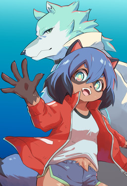 5_fingers anthro black_body black_fur black_hair blue_body blue_eyes blue_fur blue_hair bottomwear breasts brown_body brown_fur clothed clothing coat dolphin_shorts duo female fingers fluffy fluffy_tail fully_clothed fur hair jacket kemono looking_at_viewer male multicolored_body multicolored_fur multicolored_hair open_clothing open_jacket open_mouth open_smile open_topwear pink_eyes short_hair shorts smile tail topwear white_body white_fur young young_anthro young_female piporinton brand_new_animal studio_trigger michiru_kagemori shirou_ogami canid canine canis mammal raccoon_dog tanuki wolf 2020 hi_res