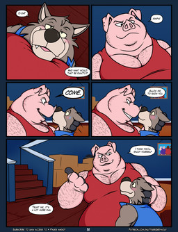 anthro arm_hair belly big_belly black_nose blue_clothing blue_topwear blue_vest blush bodily_fluids body_hair box cardboard cardboard_box chest_hair clothed clothed_anthro clothed_male clothing container dialogue duo face_on_belly facial_hair fangs fully_clothed fully_clothed_anthro fully_clothed_male fupa fur furniture grey_body grey_fur hairy hairy_man head_on_belly high-angle_view huge_belly larger_male long_snout low-angle_view male musclegut muscular muscular_anthro muscular_arms muscular_male overweight overweight_anthro overweight_male pecs picture_frame pink_body red_clothing red_shirt red_tank_top red_topwear shirt shoulder_hair size_difference smile snout sofa speech_bubble stairs sweat sweatdrop tall_male tank_top teeth text topwear vest huttsergreywolf fairy_tales the_three_little_pigs big_bad_wolf bigby_(huttsergreywolf) canid canine canis domestic_pig mammal suid suine sus_(pig) wolf comic english_text hi_res url