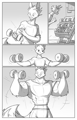 anthro biceps big_muscles biped body_size_growth border bottomwear clothed clothing exercise flexing fluffy fluffy_tail growth gym male muscle_growth muscular muscular_anthro muscular_male size_transformation solo tail tight_clothing topwear transformation weightlifting weights white_border workout conditional_dnp jollyjack dog_fox_(character) canid canine fox mammal 2012 absurd_res comic digital_media_(artwork) hi_res monochrome