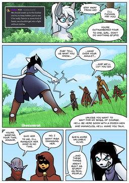 anthro black_hair blue_eyes border brown_body brown_fur clothed clothing dagger detailed_background fantasy female fur grey_body grey_fur grey_skin group hair horn imminent_fight long_hair magic_user melee_weapon outside plant profanity purple_eyes red_body sword tail text tree weapon white_body white_border white_fur white_hair yellow_body yellow_fur thecumrat european_mythology greek_mythology mythology sylvia_(thecumrat) tasmin bovid bovine canid canine felid feline fox kobold mammal minotaur scalie absurd_res comic english_text hi_res story