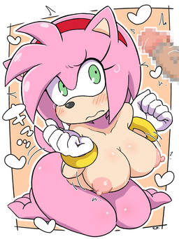 accessory anthro barefoot big_breasts blush bodily_fluids bracelet breasts clothing duo feet female fur genitals gloves green_eyes hair_accessory hairband handwear heart_symbol jewelry kneeling male musical_note musical_symbol nipples nude nude_female penis pink_body pink_fur pink_nipples shy simple_background sweat symbol tail tan_body tan_skin yellow_background ketsumo_town sega sonic_the_hedgehog_(series) amy_rose eulipotyphlan hedgehog human mammal 3:4 censored hi_res mosaic_censorship