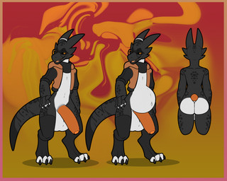 anthro balls big_balls big_penis black_body black_eyewear black_glasses black_sclera bottomless butt clothed clothing digitigrade eyewear foreskin genitals glasses hand_on_hip hand_on_own_hip hoodie hoodie_only huge_balls huge_penis humanoid_genitalia humanoid_penis looking_at_viewer male open_clothing open_hoodie open_mouth open_topwear orange_eyes orange_penis orange_tongue penis pregnant pregnant_anthro pregnant_male round_glasses solo tail tongue topwear topwear_only wearing_glasses white_body bastiel bastiel_(character) kobold scalie 2026 digital_drawing_(artwork) digital_media_(artwork) english_description hi_res model_sheet