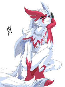 blush breasts crouching erect_nipples female hand_on_chin looking_at_viewer nipples solo white_body nahadon nintendo pokemon blaziken generation_3_pokemon humanoid hybrid_pokemon pokemon_(species) zangoose 3:4 hi_res