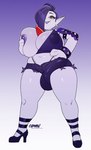 anthro areola arm_tattoo armlet big_breasts bottomwear bracelet breasts bulge chest_horn cleavage clothed clothing detailed_bulge ear_piercing eyebrow_stud eyeshadow footwear genital_outline gradient_background gynomorph hair high_heels hotpants intersex jewelry lipstick makeup nipple_outline nipples one_breast_out penis_outline piercing purple_areola purple_bottomwear purple_clothing purple_eyeshadow purple_hair purple_hotpants purple_lipstick purple_nipples purple_shorts purple_topwear shoes shorts side_boob simple_background solo studded_armlet studded_bracelet studded_jewelry studs tattoo topwear chromapan nintendo pokemon vanessa_(omegafiredog) gardevoir generation_3_pokemon pokemon_(species) 2025 hi_res signature