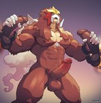 abs anthro arcanine balls barazoku biceps big_muscles big_pecs brown_body brown_fur cuffs_(clothing) digital_media_(artwork) disembodied_penis entei fur generation_1_pokemon generation_2_pokemon generation_8_pokemon genitals glans hair hand_on_penis hi_res hisuian_arcanine hisuian_form humanoid_genitalia humanoid_penis legendary_pokemon looking_at_viewer male male/male mammal muscular muscular_anthro muscular_male nintendo nipples nude open_mouth pecs penis pokemon pokemon_(species) red_eyes regional_form_(pokemon) simple_background solo_focus voviat