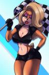 anthro big_breasts blonde_hair breasts checkered checkered_flag cleavage clothed clothing eyelashes female flag flag_(object) green_eyes hair holding_flag holding_object lipstick long_hair looking_at_viewer makeup navel race_queen simple_background skimpy smile solo milkybears activision crash_bandicoot_(series) tawna_bandicoot bandicoot mammal marsupial absurd_res digital_media_(artwork) hi_res