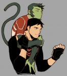 blue_eyes duo fur green_body green_fur green_skin hair male unknown_artist dc_comics young_justice beast_boy superboy haplorhine human mammal monkey primate