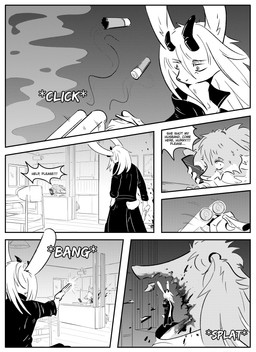 anthro blood bodily_fluids clothed clothing dialogue duo electronics female gun horn inside killing phone ranged_weapon shooting shotgun simple_background speech_bubble text weapon kifyun2 beau_(undying_void) lydia_(undying_void) canid canine fox lagomorph leporid mammal rabbit absurd_res black_and_white comic english_text hi_res monochrome