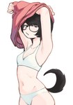 animal_humanoid anthro arms_above_head black_hair bra breasts canid canid_humanoid canine canine_humanoid cleavage clothed clothing colo dog_humanoid eyewear female front_view glasses hair hands_above_head humanoid lingerie looking_at_viewer mammal mammal_humanoid midriff navel panties partially_clothed raised_arms slim small_breasts solo standing training_bra underwear undressing unimpressed white_bra white_clothing white_panties white_underwear yoon_soo-mi