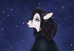 anthro black_hair clothing coat female fluffy_ears fur hair medium_hair night outside red_eyes sad simple_background sky snow solo topwear winter winter_coat vammatar canid canine fox mammal absurd_res digital_media_(artwork) hi_res