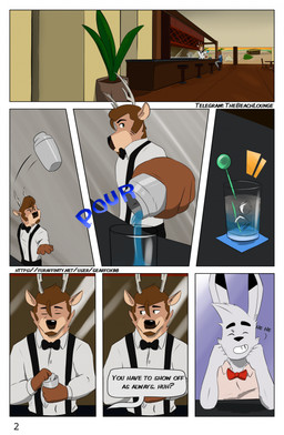 anthro antlers bar bar_stool bartender beverage biped bow_tie brown_body brown_fur brown_hair cloth clothed clothed_anthro clothed_male clothing dialogue duo eyes_closed fur furniture glass grey_body grey_fur hair horn inside laugh looking_aside male motion_lines open_mouth page_number plant pouring short_hair sitting smile speech_bubble stool talking_to_another text gearfox98 francis_(gearfox98) hector_(gearfox98) arctic_hare deer hare lagomorph leporid mammal 2023 artist_name colored comic english_text hi_res url