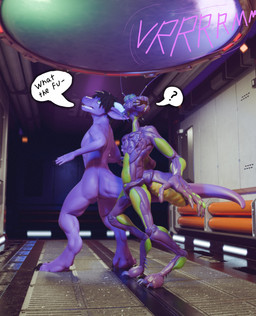 antennae_(anatomy) anthro blue_eyes booby_trap compound_eyes digitigrade duo looking_up male nude purple_body sound_effects speech_bubble mythology ex-oh_(xenomaker) samagthra alien arthropod dragon insect mythological_creature mythological_scalie scalie 3d_(artwork) absurd_res blender_(artwork) blender_cycles_(artwork) digital_media_(artwork) hi_res