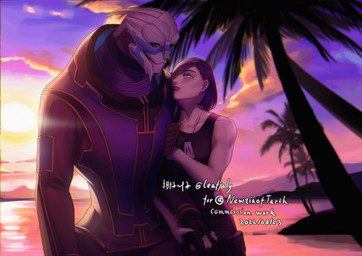 beach bodypaint clothing dog_tags duo eye_contact face_paint female gloves hand_holding handwear interlocked_fingers interspecies jewelry larger_male looking_at_another male male/female muscular muscular_female necklace romantic romantic_couple seaside size_difference sleeveless_shirt smaller_female smaller_human sunset text leafjuly bioware electronic_arts mass_effect commander_shepard female_shepard garrus_vakarian alien human mammal turian absurd_res english_text hi_res