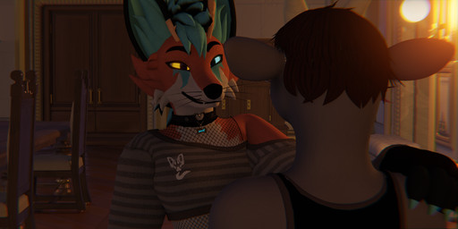 anthro antlers bra broken_antler clothed clothing collar duo eye_contact female fishnet_clothing hand_on_shoulder horn inside looking_at_another male sports_bra underwear neo_nakamura marvel spider-man:_spider-verse spider-man_(series) rose_(rosethegoat) sany_van_fox bovid caprine goat mammal 3d_(artwork) absurd_res digital_media_(artwork) hi_res meme