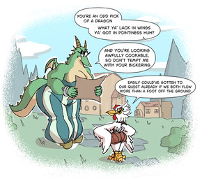 anthro beak big_breasts big_butt big_eye big_pupils bottomwear breasts butt clothing dragon_tail duo eyelashes eyeshadow feathered_wings feathers female horn huge_breasts makeup open_beak open_mouth oversized_bottomwear oversized_clothing oversized_pants pants pupils simple_background small_breasts small_wings spread_wings text thick_thighs village white_background wide_hips wings diegutan mythology frita_the_chicken avian bird chicken dragon galliform mythological_creature mythological_scalie phasianid scalie english_text hi_res