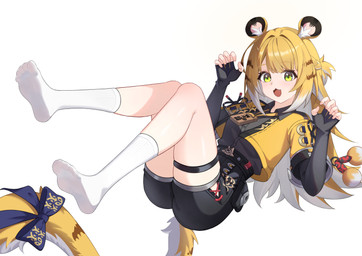 accessory animal_ears belt bent_legs black_bottomwear black_clothing black_shorts blonde_hair blush bottomwear claw_pose clothed clothing collared_shirt dress_shirt fangs feet female fluffy_ears footwear furgonomics glistening glistening_hair green_eyes grey_dress_shirt hair jacket markings midair open_clothing open_jacket open_mouth open_topwear ribbons shirt shorts simple_background socks sparkles sparkling_eyes striped_hair striped_markings striped_tail stripes tail tail_accessory tail_markings tail_ribbon teeth topwear two_tone_tail white_background white_clothing white_footwear white_hair white_socks yellow_clothing yellow_jacket_(clothing) yellow_topwear kurosti mihoyo zenless_zone_zero ju_fufu animal_humanoid felid felid_humanoid humanoid mammal mammal_humanoid pantherine pantherine_humanoid thiren tiger_humanoid absurd_res hi_res