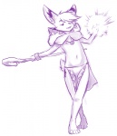 anthro barefoot biped bottomwear clothing feet hair loincloth magic male paws simple_background solo white_background aogami bae_bunny lagomorph leporid mammal rabbit 2012 monochrome purple_and_white