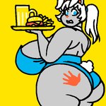 anthro bare_shoulders big_breasts big_butt blue_clothing blue_eyes blue_leotard breasts bunny_costume burger butt choker clothing costume cotton_tail curvy_figure female food fries fur glass grey_body grey_fur hair huge_breasts huge_butt jewelry leotard necklace ponytail simple_background solo spank_marks tail voluptuous waiter white_choker white_hair white_jewelry white_necklace white_tail yellow_background woot lagomorph leporid mammal rabbit 1:1 2023 digital_drawing_(artwork) digital_media_(artwork) oekaki portrait three-quarter_portrait