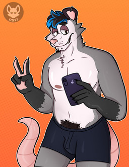 5_fingers anthro areola arms_bent belly_hair black_claws black_eyebrows black_hair blue_boxers blue_clothing blue_highlights blue_underwear body_hair boxers_(clothing) boxers_only brown_areola brown_eyes cellphone cheek_tuft chest_tuft chin_piercing claws clothed clothed_anthro clothed_male clothing dotted_background ear_piercing ear_ring electronics eyebrows facial_tuft fangs finger_claws fingers fur gesture grey_body grey_fur hair half-closed_eyes hand_gesture highlights_(coloring) holding_cellphone holding_object holding_phone light logo long_tail looking_at_cellphone looking_at_object looking_at_phone male multicolored_body multicolored_fur multicolored_hair narrowed_eyes navel open_mouth open_smile orange_background outline pattern_background phone piercing red_eyelids ring_piercing short_hair simple_background smartphone smile solo standing tail taking_picture taking_selfie tan_inner_ear tan_nose tan_tail teeth thick_eyebrows topless topless_anthro topless_male tuft two_tone_hair underwear underwear_only v_sign whisker_spots white_outline ractoons samuel_(ractoons) american_opossum mammal marsupial 2020 artist_logo colored digital_drawing_(artwork) digital_media_(artwork) hi_res lighting portrait spanish_description three-quarter_portrait