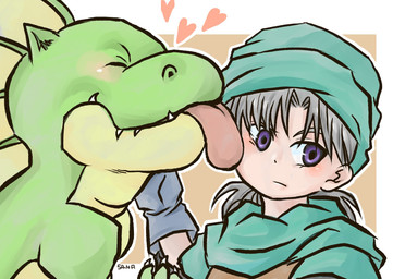 annoyed anthro armor blue_clothing blue_hat blue_headwear blue_shirt blue_topwear blue_tunic blush brown_armor clothing duo eyes_closed face_lick female grey_hair hair hat head_wings headgear headwear heart_symbol interspecies leather leather_armor licking looking_down male male/female membrane_(anatomy) membranous_wings petting purple_eyes rubbing_cheek shirt tongue topwear tunic unusual_wing_placement wings sa-na dragon_quest dragon_quest_vi mythology square_enix lizzie_(dragon_quest) terry_(dragon_quest) battlerex dragon hacksaurus human mammal mythological_creature mythological_scalie scalie hi_res signature