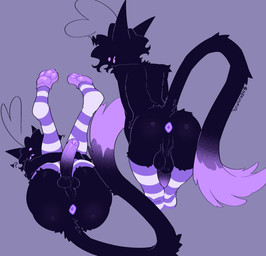 anthro anus arm_tuft backsack balls bent_over black_body black_fur black_penis butt butt_tuft clothing dipstick_tail footwear fur genitals glistening glistening_butt gradient_penis hair heart_symbol legwear lying male markings messy_hair multicolored_penis multiple_poses on_back pattern_clothing pattern_footwear pattern_legwear pattern_socks pattern_thigh_highs pattern_thigh_socks pawpads penis pose presenting presenting_anus presenting_hindquarters purple_anus purple_background purple_paws purple_penis purple_sclera purple_tail_tip saggy_balls shoulder_tuft simple_background skinny slim socks solo striped_clothing striped_footwear striped_legwear striped_socks striped_thigh_highs striped_thigh_socks stripes tail tail_markings text thigh_highs thigh_socks thigh_socks_only tuft two_tone_penis uneven_balls nerunaur noir_(noirzvault) domestic_cat felid feline felis mammal 2026 artist_name digital_drawing_(artwork) digital_media_(artwork) hi_res nonbinary_(lore)