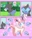 ambiguous_gender black_body black_fur blue_eyes blush canid canine deino duo eeveelution feral flower forest forest_background fur generation_5_pokemon generation_6_pokemon hair hair_over_eyes heart_symbol jirachicute28_(artist) letter love mammal nature nature_background nintendo plant pokemon pokemon_(species) seductive sylveon tree white_body white_fur