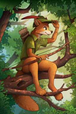 4_toes 5_fingers anthro arrow_(weapon) barefoot bottomless bow_(weapon) branch brown_pawpads bycocket claws clothed clothing digitigrade feet fingers fluffy fluffy_tail fur green_clothing hat hat_feather headgear headwear in_tree inner_ear_fluff leaf loose_feather male orange_body orange_fur pawpads paws plant quiver_(object) ranged_weapon sitting solo tail toes tree tuft weapon yakovlev-vad disney robin_hood_(disney) robin_hood canid canine fox mammal red_fox true_fox 2021 absurd_res hi_res