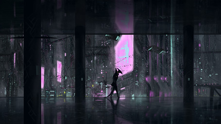 ambiguous_gender anthro billboard building cigarette city clothing coat column cyberpunk detailed_background flying_car hand_in_pocket horn inside night pockets smoking solo tail topwear walking window themefinland reptile scalie 16:9 2020 digital_media_(artwork) hi_res signature widescreen